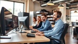 pessoas trabalhando em uma mesa na frente dos computadores