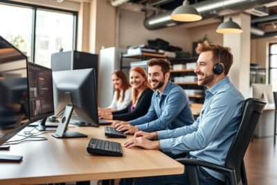 pessoas trabalhando em uma mesa na frente dos computadores