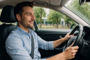 Fotografia realista mostra um homem ao volante de um carro moderno durante o dia, com expressão relaxada, representando o conforto proporcionado por uma lataria automotiva de qualidade.