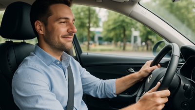 Fotografia realista mostra um homem ao volante de um carro moderno durante o dia, com expressão relaxada, representando o conforto proporcionado por uma lataria automotiva de qualidade.