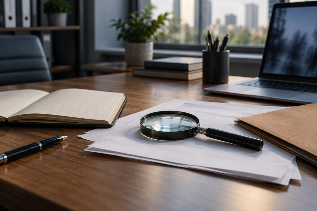 Lupa, caderno e documentos sobre uma mesa de trabalho; imagem ilustrativa de investigação particular
